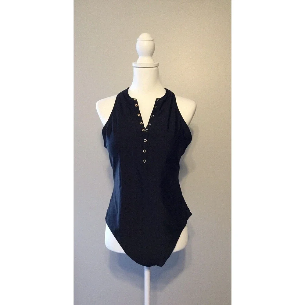 Old Navy Black Ribbed Halter One-Piece Swimsuit with Grommet Placket